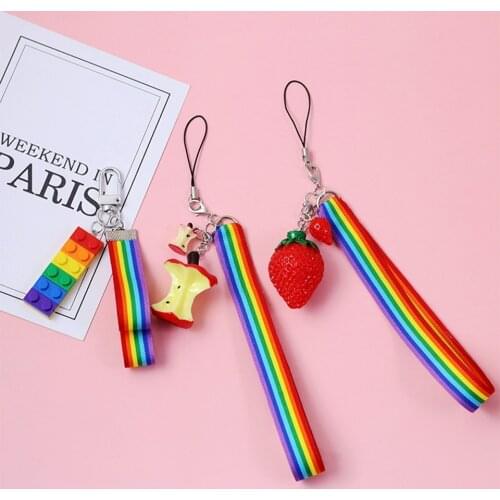 Korean Smart phone Strap Lanyards for iPhone Samsung Xiaomi Mobile Phone Strap Rope Cute Rainbow Color Fruit Decor Phone Charm