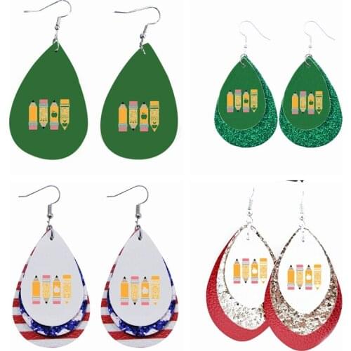 Cool Earrings Teacher Pencil Print Faux Leather Earrings