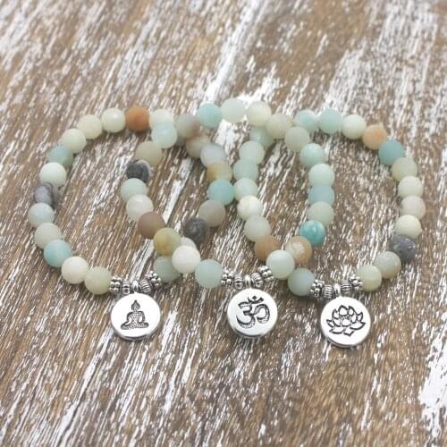 Matte Amazonite Stone Strand Bracelet Yoga Chakra Mala Bracelet OM Lotus Women Men Beaded Charm Bracelet Handmade Jewelry