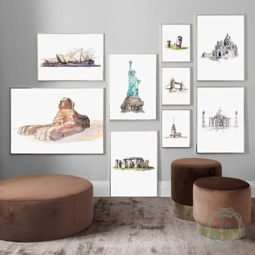 Minimalist World Landmark Building Poster and Print Nordic Wall Art Canvas Painting Taj Mahal Architecture Pictures Home Decor