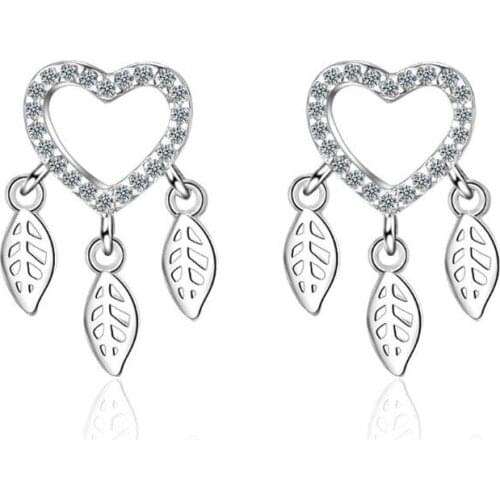 Fashion Dream Catcher Feather Personality 925 Sterling Silver Jewelry Love Heart-shaped Crystal Temperament Stud Earrings SE701