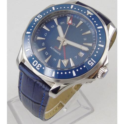 41mm Self Winding Men Watch Automatic GMT Movement Sapphire Glass Leather Strap Date Window