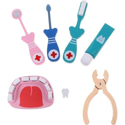6Pcs Baby Toys Doctor Set Play Wooden Dental Tools Simulation Medicine Box BX0D