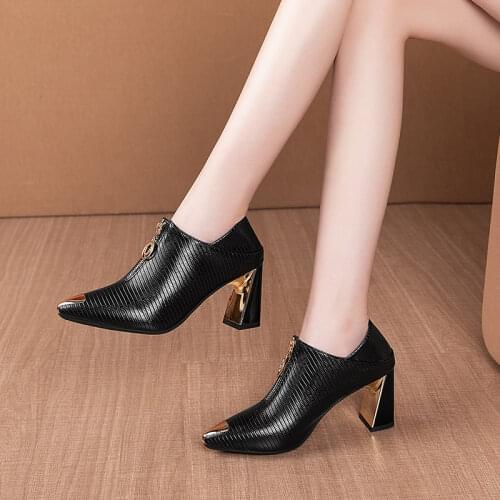 2021 Autumn New Deep Mouth Single Shoes Female Korean Fashion Zipper High Heels Pointed Toe Thick Heel Fashion Shoes