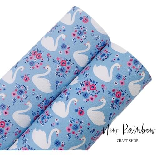 New Rainbow 30x22CM/A4 Cute Swan Princess & Flowers On Blue Lake Litchi Faux Leatherette For Making Bows, Bags, DIY Craft