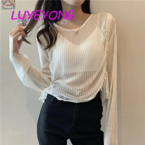 Harajuku Autumn Women Draw String Loose O Neck Sweaters Solid Color Girl Transparent Sexy Thin Pullover Sweater Pull Knit Top