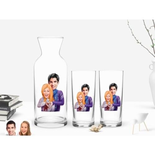 Personalized Colorful Printed Valentine Caricature Of Dual Arrack cup And Carafe Gift Seti-89