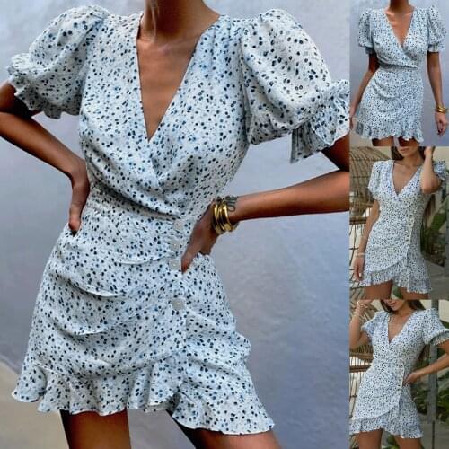 Women Dress Fashion Floral Bubble V-neck Short Puff Sleeve Sweet Girlish Style A-Line Young Lady Stylish Mini Dress Females Jurk