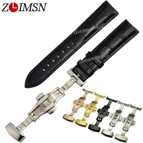 ZLIMSN Deployment Butterfly Clasp Genuine Leather Watchband Replacement Crocodile Grain Black Strap 18 20mm relogio masculino