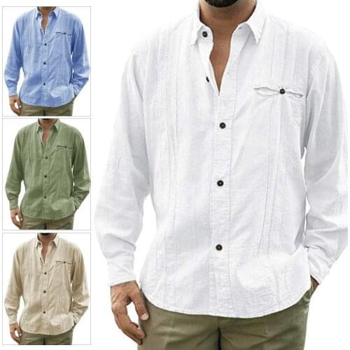 2020 Spring Autumn Mens Baggy Cotton Blend Solid Color Men Casual Long Sleeve Turn Down Collar Button Cotton Linen Shirt Top