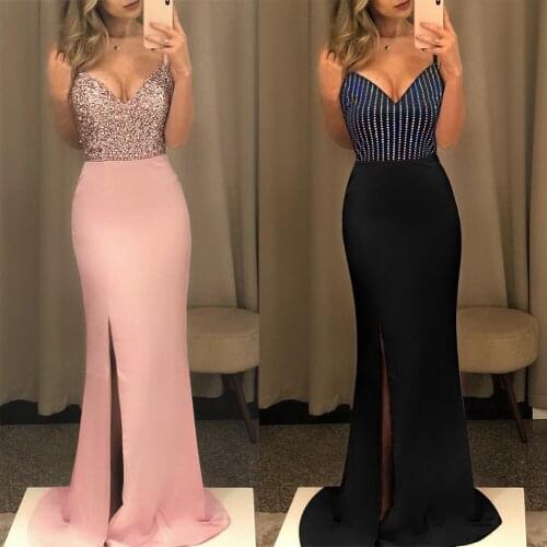 Sexy Evening Party Dresses Women Sequins Spaghetti Strap Backless High Slit Maxi Dress Wedding V Neck Bodycon Gown Long Dress