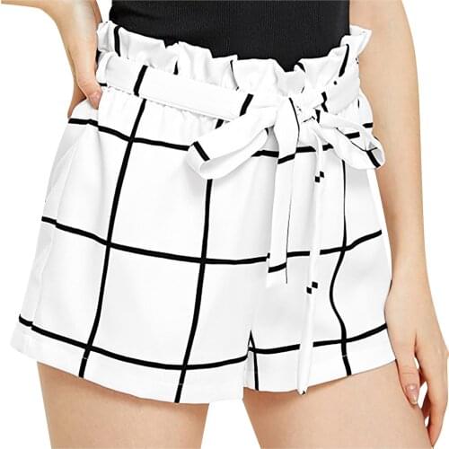 Plaid Striped Print Fashion High Waist Casual Summer Women Shorts Ruffled Beaded Vintage Loose Drawstring Kawaii Women Shorts P5