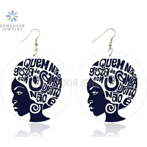 SOMESOOR Vintage African Black Queen Wood Drop Earrings Afrocentric Ethnic Design Both Sides Print Dangle Jewelry For Women Gift