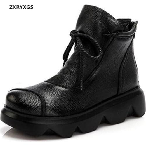 ZXRYXGS Brand Boots Autumn and Winter Boots Tide Shoes Woman Boots Thick-soled Non-slip Wedges Warm Shoes Genuine Leather Boots
