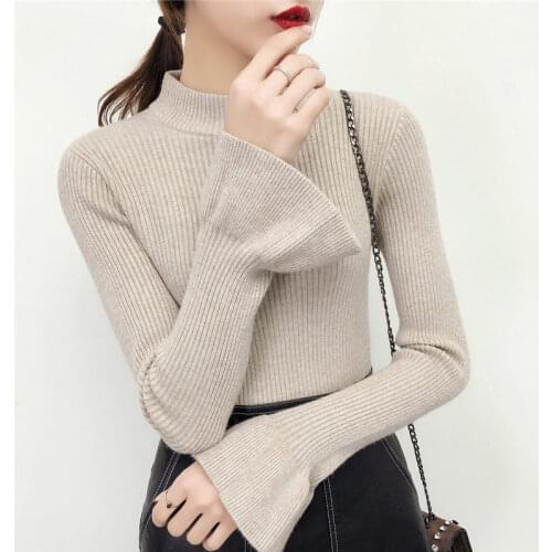 Half Turtleneck Women Sweater Korean Basic Pullover Autumn Winter New Thick Flare Sleeve Slim All Match Kitted Tops Pull Femme
