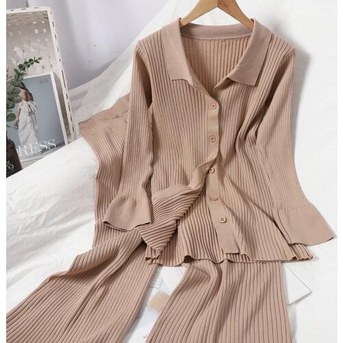 Spring Autumn New Knit Suit Korean Sweaters Two Piece Sets Wild Lapel Cardigan Shirt Loose Wide Leg Pants Two-piece Suit Women
