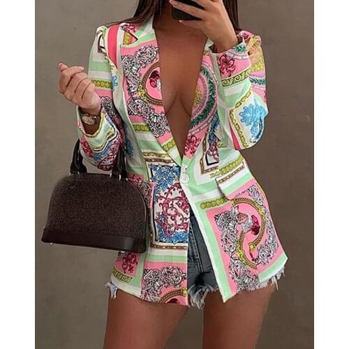 2021 Autumn New Fashion Colorful Blazer Jacket for Women Long Sleeve Cardigan Jacket Print Button Slim Elegant Turn-down Coats