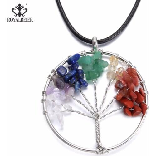 New Arrivals Natural Stone Beads Leather and Metal Necklaces Mini Color Crystal Tree of Life Pendant Necklace For Women Jewelry
