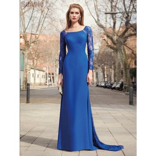 MA3130 Lace Sleeve Evening Dress for Women Blue Mermaid Prom Dresses In Turkey Boat Neck Bow Train Vestido De Festa SoAyle