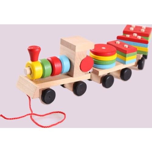 19Pcs Small Wooden Train And Dragging Three Carriage Geometric Shape Matching Early Childhood Educational Diecasts Toy Vehicles