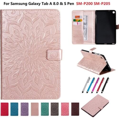 3D Flower Embossed Tablet Case For Samsung Galaxy Tab A 8.0 2019 S Pen SM-P200 SM-P205 PU Leather Cover with Stand Wallet Funda