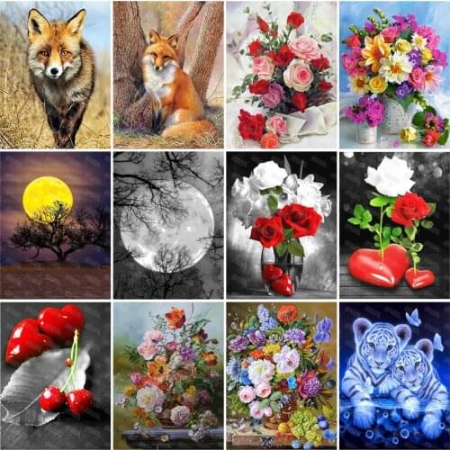 Diy Diamond Painting Wild Protected Animals Fox White Tiger Beautiful Colorful Flowers Red White Rose Hanging Painting