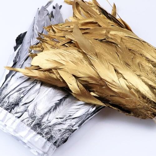 Spray Gold Silver Rooster Tail Feather Trim Fringe Cock Decoration Ribbon 25-30CM Wedding Skirt/Dress Sewing Decorative Plumes