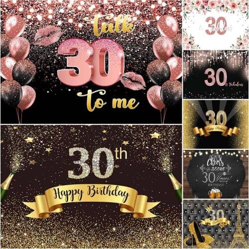 Mocsicka Happy 30th Birthday Backdrop Golden Glitter Balloon Flowers Decor Banner Thirty Birthday Customize Photo Background