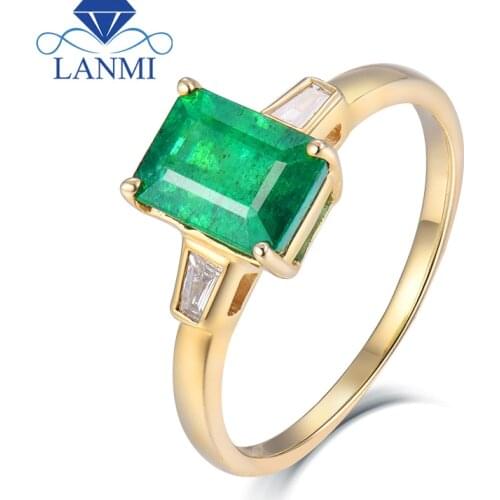 Emerald Rings For Women Genuine Natural Emerald Cut 6x8mm Emerald Engagement Ring Solid 14K Yellow Gold Natural Diamonds Jewelry