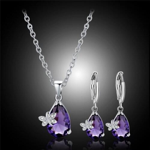 Dainty Female Purple Crystal Jewelry Set Charm Silver Color Dangle Earrings For Women Luxury Butterfly Wedding Chain Necklace