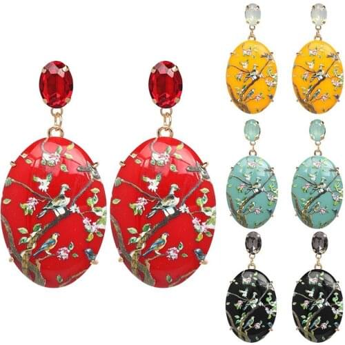 HOT SALES!!! Vintage Women Resin Oval Dangle Earrings Hand Painted Flower Bird Party Jewelry