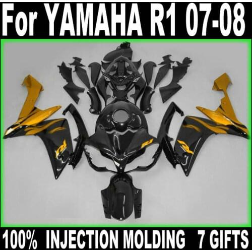 Injection molding free customize fairings for Yamaha YZF R1 07 08 gold black fairing kit YZFR1 2007 2008 +7 free gifts BD57