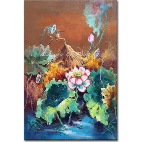 Mintura Hand Painted Oil Paintings on Canvas Lotus Flower and Lotus Leaf Wall Picture for Living Room Home Decor Art No Framed