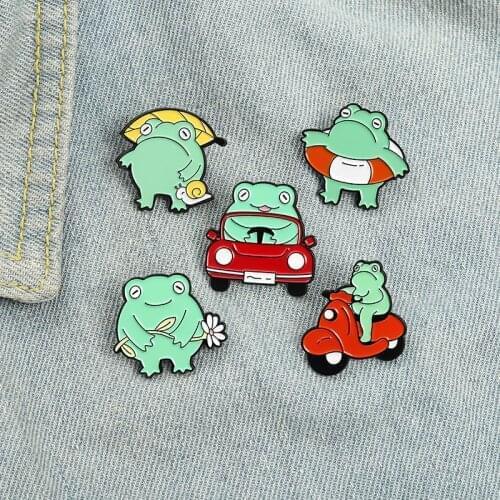 Cartoon Fun Animals Frog Enamel Brooch Middle Finger Despise Driving Biking Swimming Flowers Alloy Pins Badge Woman Jewelry Gift