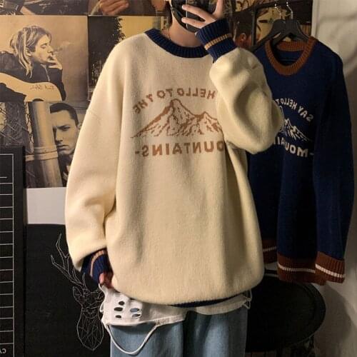 Mens Autumn Sweater Loose Round Neck Printed Letter Simple Fashion Contrasting Color Pullover Mens Clothes Winter Base Tops