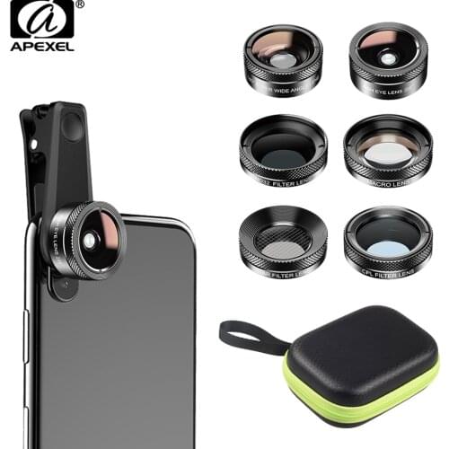 APEXEL 6 in 1 Phone Camera Lens Fish Eye Lens Wide Angle macro Lens cpl Filter 2X tele for iPhone huawei all phones dropshipping