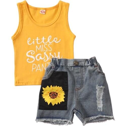 1-6Y Girl Clothing Set Summer Toddler Kid Girl Clothes Outfit Letter Sleeveless Top Sunflower Print Denim Shorts 2pcs Set