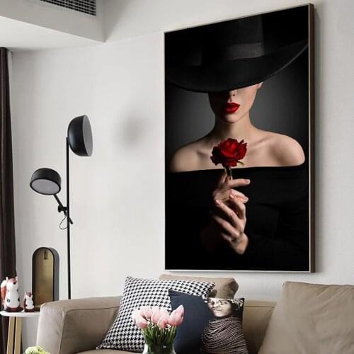 Posters and Prints Wall Art Canvas Painting Wall Pictures Sexy Woman With Red lipsAnd Roses Cuadros For Living Room Home Decor