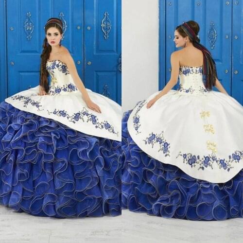 Ruffled Floral Charro Quinceanera Dresses Strapless Puffy Skirt Lace Embroidery Princess Sweety 16 Girls Masquerade Prom Dress