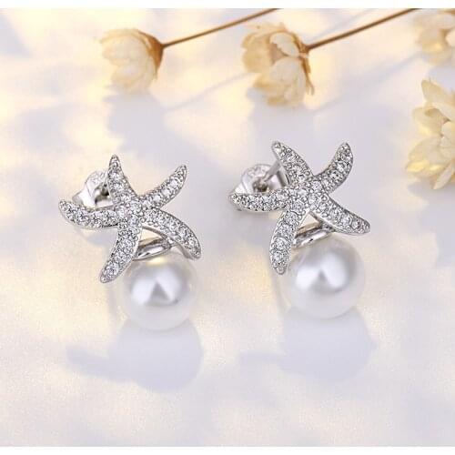 Lovely Sea Star Trendy Stud Earrings Crystal Zirconia Imitation Pearls Golden/White Cute Piercing Earring Jewelry Gift For Women