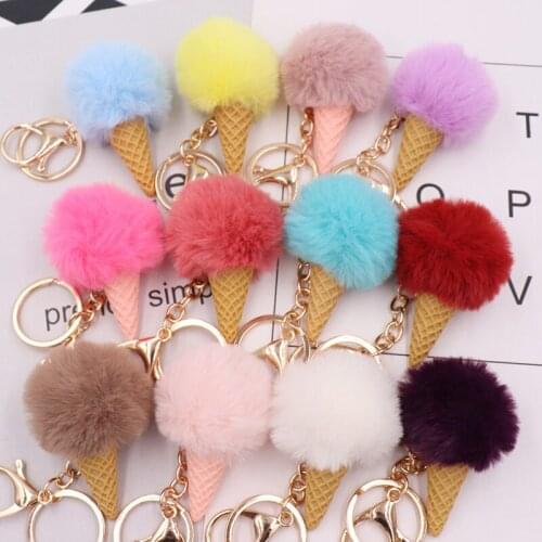 Q Fashion Keychain Fur Ball Ice Cream Cone Multicolor Furry Key Chain Ring Keyring Pompon Backpack Women Shoulder Bags Pendant