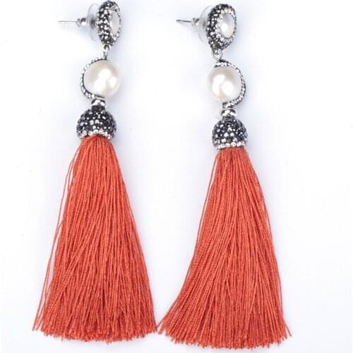 Handmade Orange Silk Fabric Tassel Freshwater Pearl Charm Pave Black Rhinestone Connector Studs Dangle Silk Tassel Earring Women