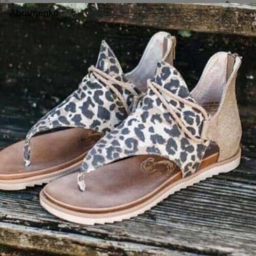 Ankle Strap Summer Style Gladiator Flip Flops Toe Sandals Roman zipper leopard Flats Casual Soft Flat Shoes Woman Plus Size 35-4