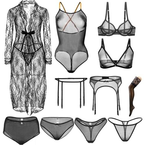Sexy see-through bra set family bucket robe+bodysuit+2bra+3thong+low rise panty+high rise panties+2 garters+stockings 12pcs/set