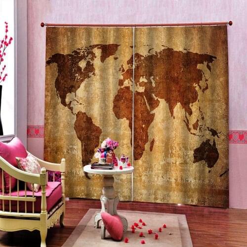 Modern Retro World Map Geometric Pattern Curtain For Living room bedroom Polyester Fabric Blackout Drapes 2 Panels With Hooks