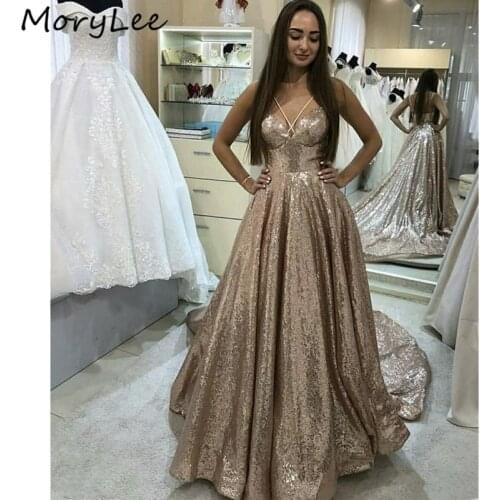 Sequins Evening Dresses V-Neck Spaghetti Starps A-Line Floor Length Sequins Evening Dresses vestidos de fiesta de noche