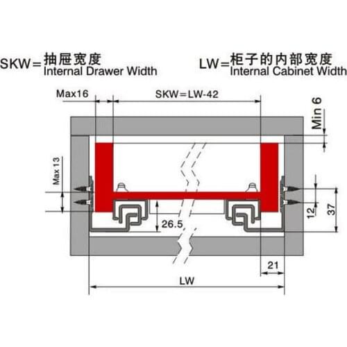 Under Mount Single Extension Drawer Slide Soft Close 3/4 Extension 2-Fold Pin Fixing DTC