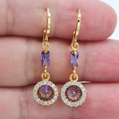 AAA+ Cubic Zirconia Gold Color Fashion Women Round Purple CZ Circle Dangle Engagement Earrings Jewelry