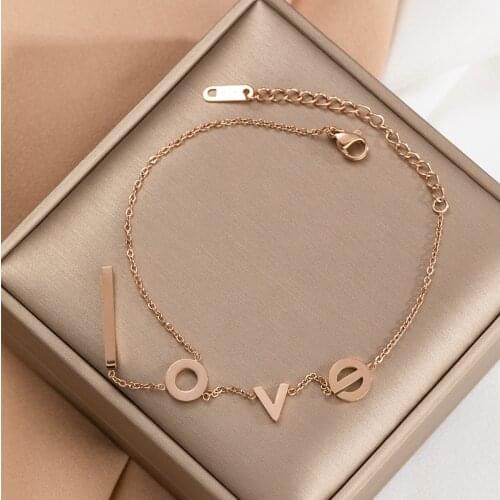 Korean Style Fashion Simple Love Letter Charm Bracelets For Women Never Fading Rose Gold Link Chain Bracelet Jewelry Female Gift