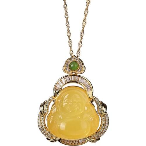 925 sterling silver gold plated natural Jasper amber beeswax pendant vintage Maitreya Buddha womens set Chain pendant